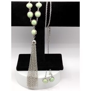 Necklace and Matching Earrings in a Mint Green Stone with Silver tone Tassel